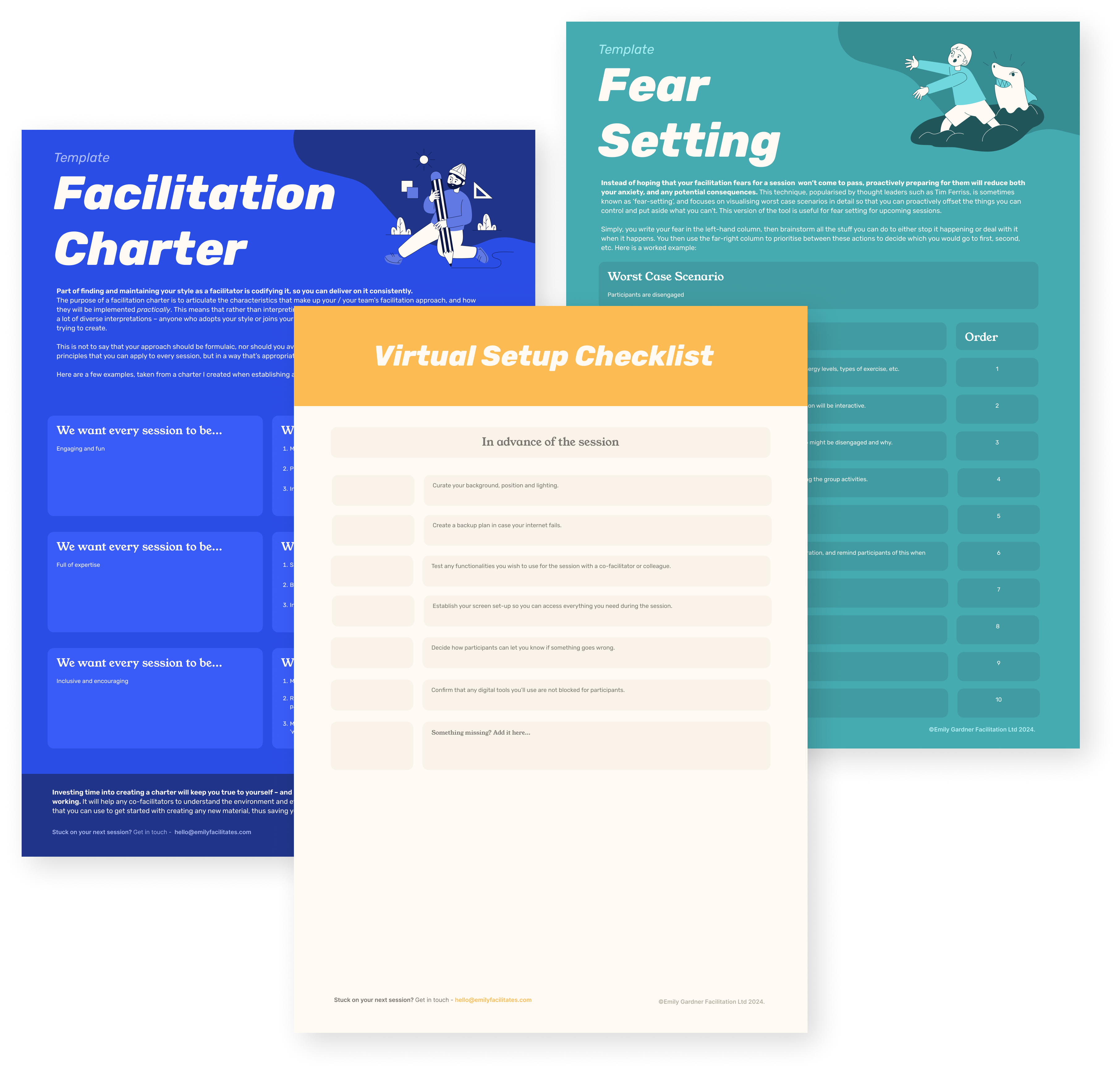 Preview of downloadable facilitation resources, including a Facilitation Charter template, Fear Setting template, and Virtual Setup Checklist